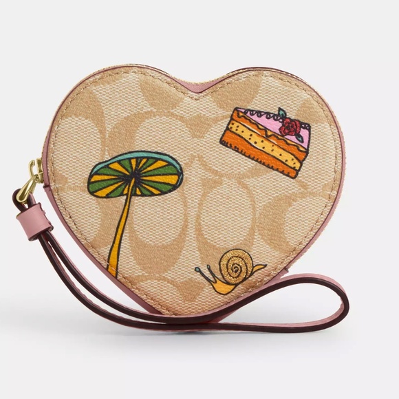 NWT Coach X Observed Heart Shape Small Coin Case Wristlet CU405 LT KHAKI LT PINK - Picture 1 of 6